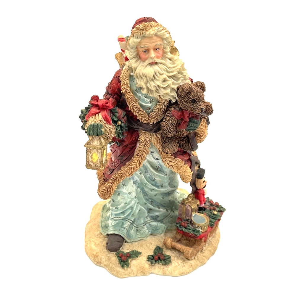 Vtg Resin Santa Figurine Carrying Lantern Teddy Bear‎ 5.25" H Christmas Seasonal
